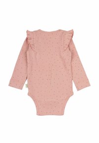 Detský body s dlhými rukávmi ružovej farby s malými bodkami, rebrovanou textúrou a volánikmi na pleciach. Zapínanie na patentky na spodnej strane.