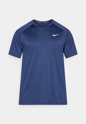 Navy blue athletic T-shirt made of lightweight fabric, featuring short sleeves, a round neckline, and a subtle textured pattern on the front.