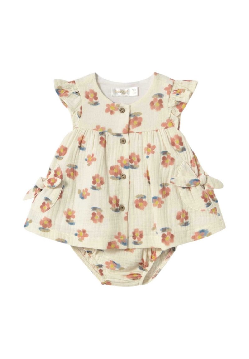 Vestido floral con mangas voladas, fondo crema, flores en tonos pastel, dos botones en el frente, incluye braguitas a juego, textura de algodón suave.