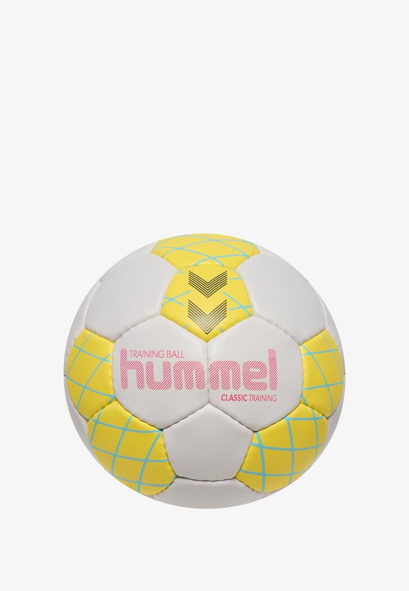 Träningsboll från Hummel, vit med gula och blå accenter. Har hexagonala paneler och strukturerad yta. Logotypen är tydligt synlig.