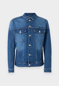 Jeansjacke in mittlerem Blau, mit Knopfverschluss, zwei Brusttaschen und klassischem Kragen. Dezentes Verblassen und Nahtdetails.