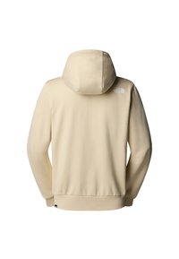 Hoodie couleur crème avec une capuche à cordon de serrage, des poignets et un ourlet côtelés. Un petit logo blanc est placé sur le haut du dos. Tissu à texture lisse.