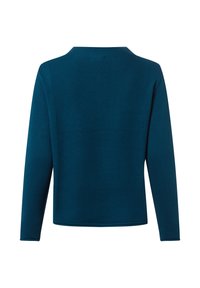 Türkisfarbener Pullover mit langen Ärmeln aus strukturiertem Material, mit einem weiten Halsausschnitt und lockerer Passform. Nahtdetails verleihen eine dezente Struktur.