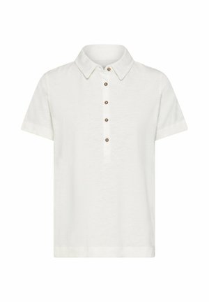 Polo blanc à manches courtes avec un col classique et cinq boutons marron sur la patte de boutonnage avant.