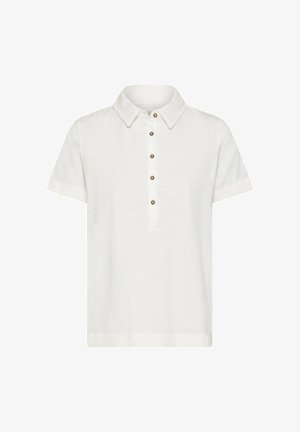 White short-sleeve polo shirt with a classic collar and five brown buttons down the front placket.