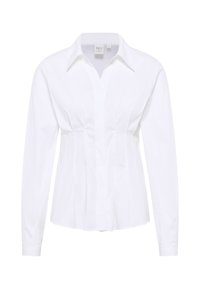 Camicia bianca a maniche lunghe con un design aderente, colletto classico, dettagli plissettati sul busto e polsini dritti. Realizzata in tessuto intrecciato.