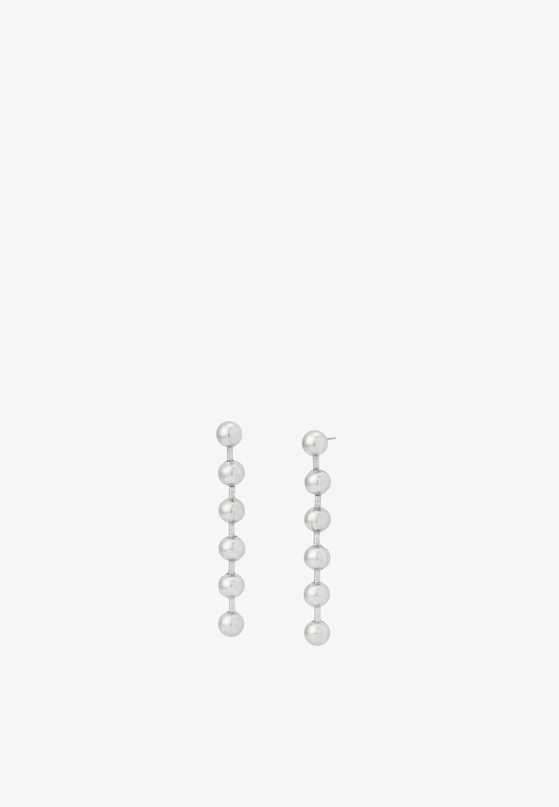 Boucles d'oreilles pendantes en argent avec six sphères polies empilées sur chacune, présentant un design vertical droit et des fermetures à tige arrière.