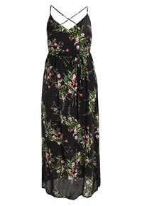 Musta maksimekko kukkakuviolla, ohuilla olkaimilla ja vyötärölle sitomisella. Kevyt kangas, jossa on virtaava muotoilu ja hieman läpikuultava helma.