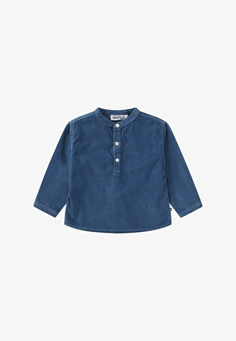 Blauw, langemouwenshirt van katoen met een ronde kraag en een knoopsluiting met drie knopen. Heeft een afgeronde zoom en subtiele textuur.