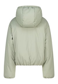 Giacca puffer corta di colore verde chiaro con cappuccio, polsini arricciati e orlo elastico. Texture liscia e design minimalista senza motivi visibili.