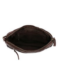 Dark brown leather clutch bag with a zip closure, featuring a single interior pocket and soft fabric lining. Textured exterior with subtle detailing.