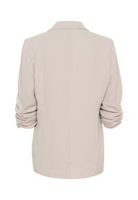 Lichtbeige op maat gemaakte jacket met een geknipt kraag, gerimpelde mouwen en een soepele textuur, met een aansluitende rug en een minimalistisch design.