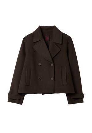 Braune Wollmischung Doppelreiherjacke mit breitem Revers, zwei Fronttaschen und aufgerollten Manschetten. Verfügt über große dunkle Knöpfe. Verkürzter Schnitt.