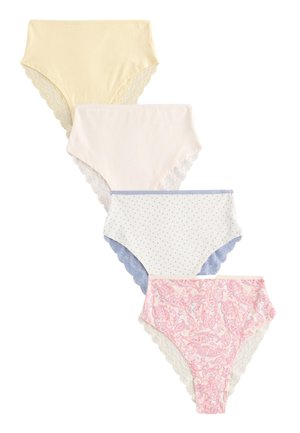 Vier damespanty's met hoge taille in pastelgeel, crème, wit met blauwe stippen en roze paisley, elk met kanten rand bij de beenopeningen.