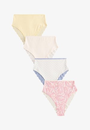Quatre culottes taille haute pour femmes en jaune pastel, crème, blanc à pois bleus et rose paisley, chacune avec une bordure en dentelle aux ouvertures des jambes.