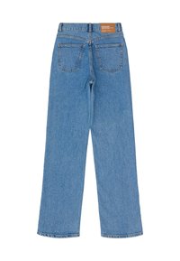 Ljusblå vida jeans i denim, med hög midja, fem fickor och en läderlapp med varumärkeslogotyp på baksidan.