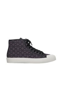 Wysokie sneakersy w ciemnym fioletowym kolorze z okrągłym wzorem logo, czarnymi sznurowadłami, białą gumową podeszwą, tekstylnym wierzchem o fakturze i wzmocnioną noskiem.