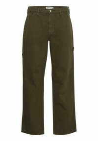 Pantalones cargo de pierna ancha en verde oliva, con una textura suave, que cuentan con bolsillos laterales y cierre de botón, confeccionados en un tejido duradero.