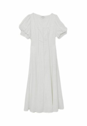 Baltos spalvos midi suknelė su pufinėmis trumpomis rankovėmis, kvadratine iškirpte, aptempta liemene ir praplėstu sijonu.