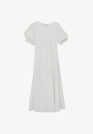 Abito midi bianco con maniche corte a sbuffo, scollo quadrato, vita aderente e gonna svasata.