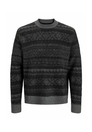 Jersey de punto en diferentes tonos de negro y gris, con patrones texturizados, cuello redondo y puños y dobladillo de canalé.