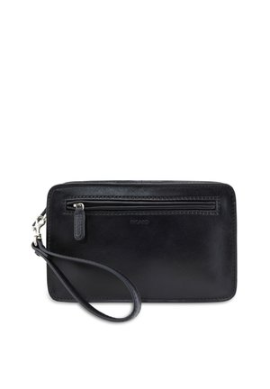 Black leather wristlet wallet with front zipper pocket and detachable strap, brand name embossed in center.