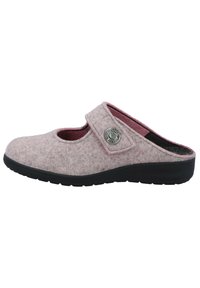Felted pink mule with a round cutout, adjustable strap, and decorative metal button. Black rubber sole for stability and durability.
