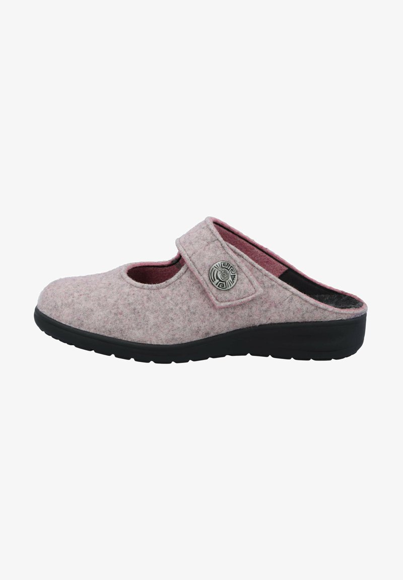 Felted pink mule with a round cutout, adjustable strap, and decorative metal button. Black rubber sole for stability and durability.