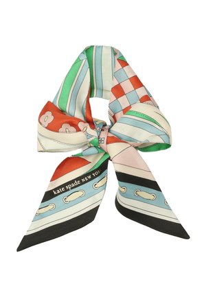 Sciarpa di seta annodata a fiocco con motivi geometrici e floreali colorati e la scritta "kate spade NEW YORK" a un'estremità.