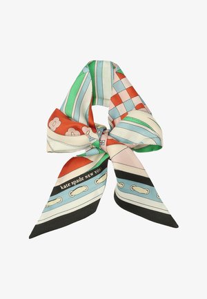 Foulard en soie noué en nœud avec des motifs géométriques et floraux colorés, et l'inscritption « kate spade NEW YORK » à une extrémité.