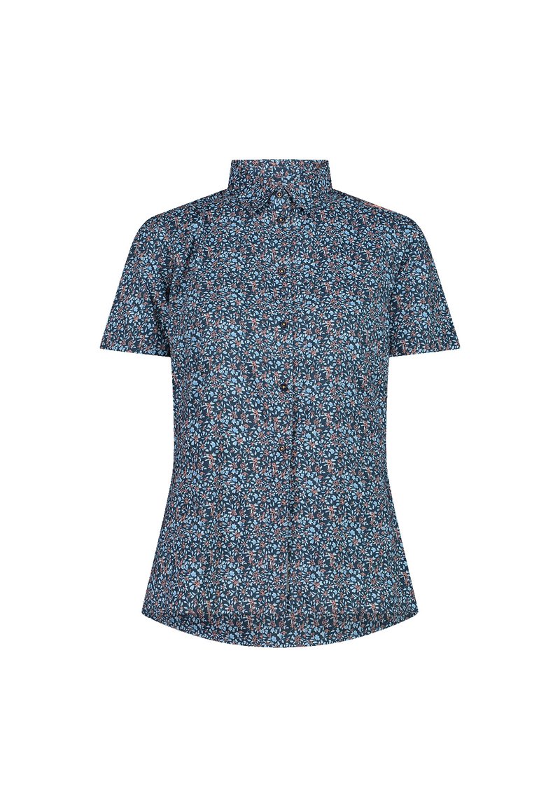 Kurzarmhemd in Dunkelblau mit floralem Muster in Hellblau und Pink, ausgestattet mit einem Button-Down-Kragen und einer taillierten Silhouette.