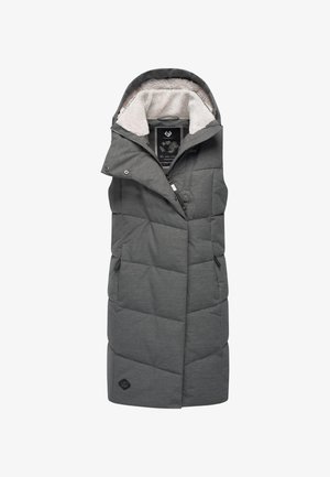 Szara pikowana kamizelka z wysokim kołnierzem i przymocowanym kapturem, wyposażona w miękką podszewkę z polaru, zapinana na zamek błyskawiczny, z dwoma bocznymi kieszeniami.