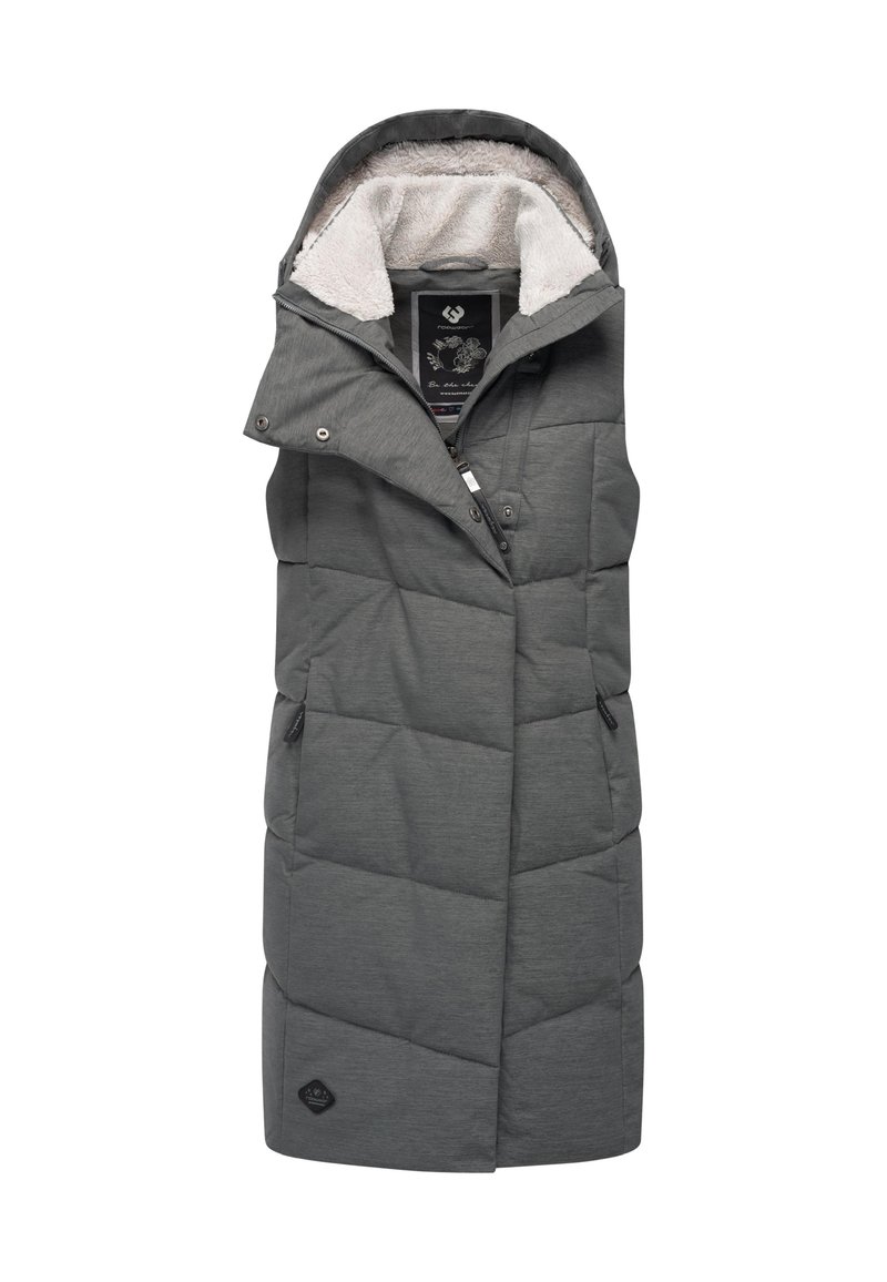 Siv prožen jopič z visokim ovratnikom in pritrjeno kapuco, z mehko flisasto podlogo, zadrgo za zapiranje in dvema stranskima žepoma.