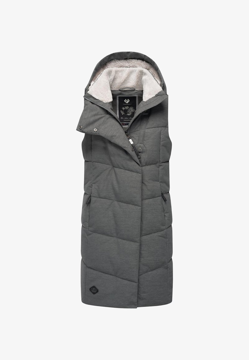 Siv prožen jopič z visokim ovratnikom in pritrjeno kapuco, z mehko flisasto podlogo, zadrgo za zapiranje in dvema stranskima žepoma.