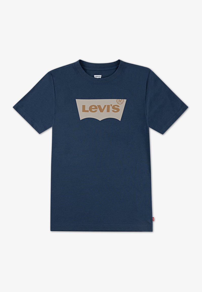 Něco modré bavlněné tričko s krátkým rukávem a kulatým výstřihem, na přední straně s velkým béžovým logem Levi's. Červená nášivka na boku.