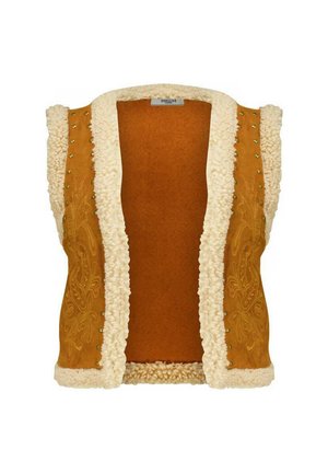 Bruine vest met een weelderige crèmekleurige voering, voorzien van decoratieve stiksels en studs langs de randen. Open ontwerp aan de voorkant, zonder mouwen.
