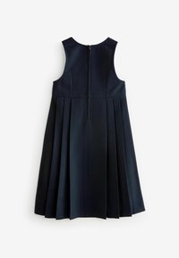 Dunkelblaues ärmelloses Kleid mit rundem Halsausschnitt, Reißverschluss auf der Rückseite und plissiertem Rockdesign. Glattes Material mit einfarbigem Finish.