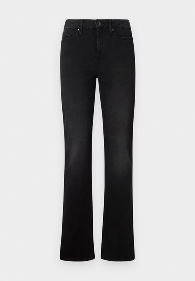 Mustad denim laiendatud püksid viie taskuga, esise nupuga sulgemine ja sile tekstuur. Omab klassikalist lõiget ja ühtlast õmblust.