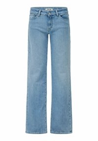 Jeans de mezclilla azul claro con corte recto, cinco bolsillos, pasadores para cinturón y cierre de botón. La tela tiene una textura suave.