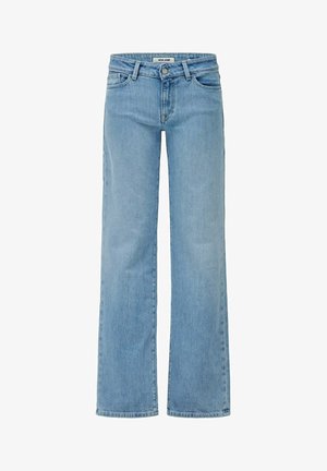 Vaaleansiniset farkut suoranlahkeisella leikkauksella, viisi taskua, vyölenkit ja nappisulku. Kankaan pinta on sileä.