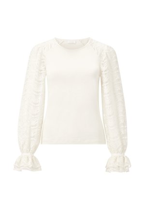 White long-sleeve top with lace puff sleeves, featuring a rounded neckline and ruffled cuffs, made from a soft, lightweight fabric.