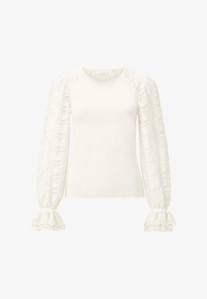 Weißes Langarmshirt mit Spitzenpuscheln, mit runder Halslinie und Rüschensäumen, aus weichem, leichtem Stoff gefertigt.