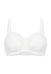 Witte bh met geborduurd bloemdesign op de cups, verstelbare bandjes en een haaksluiting aan de achterkant. Zorgt voor een gladde textuur en een gestructureerde vorm.
