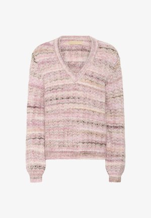 Pink and cream striped knit sweater with a V-neck, long sleeves, and ribbed cuffs. Soft texture and varied color patterns throughout.