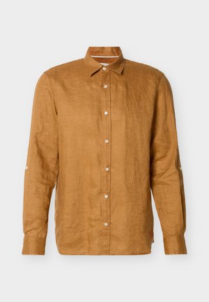 Brown long-sleeve linen shirt with button-down front, classic collar, and buttoned cuffs, displayed on a white background.