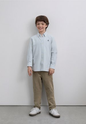 Lichtblauw gestreept overhemd met knopen en een klein logo, beige broek en witte sneakers, staand tegen een neutrale achtergrond.