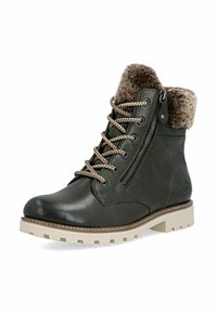 Mørkegrøn læder ankelstøvle med plys krave, beige robust sål og dekorativ snøre, udstyret med en sidelukning og teksturerede detaljer.