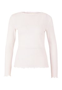 Weißes Langarmtop aus geripptem Material, mit einem gewellten Ausschnitt und Saum, passformnaher Silhouette und glatter Textur.