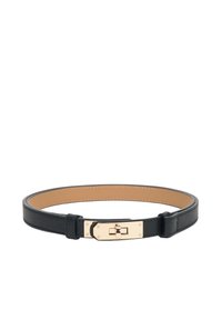 Zwarte leren riem met een gestructureerde buitenkant en een gladde binnenkant, met een goudkleurige rechthoekige gesp en een sluiting.