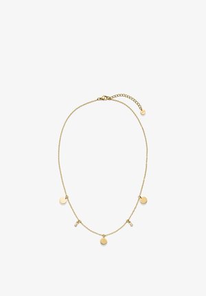 Goldene Halskette mit einer zarten Kette, vier runden Anhängern und einer kleinen Akzentkette, die ein dezentes, geschichtetes Design bietet.